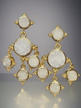 18k Gold Plated Artisan Byzantine Sugar Crystal Quartz Designer Dangle Earrings